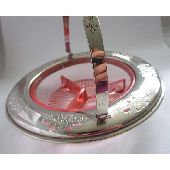 VTG Pink Depression GLASS Divided DISH W/HANDLE Candy/NUT FARBERWARE Silver Rim - Picture 3 of 16